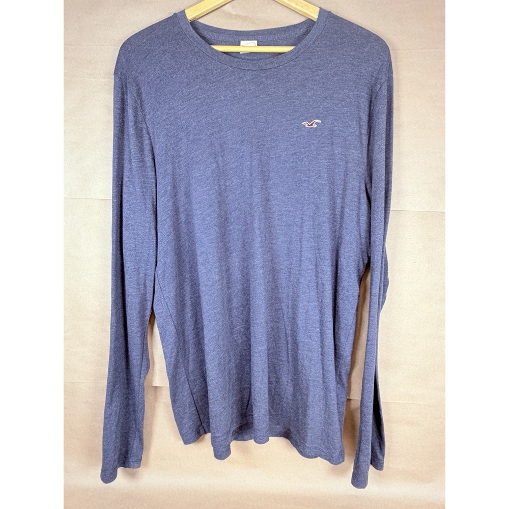 Hollister Mens XL Blue Long Sleeve T Shirt Heather Crew Neck Logo Cotton Blend